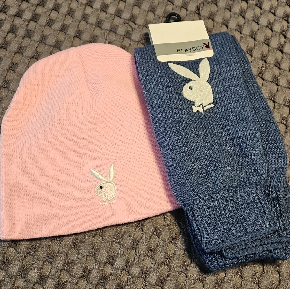PLAYBOY Pink and Blue Knit Hat Set Y2K